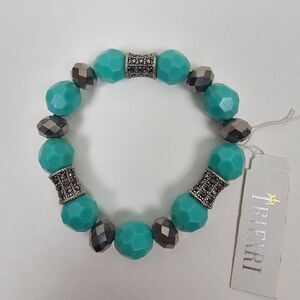 Trifari Turquoise‎ Blue Bracelet Acrylic Rhinestone Silver Tone Faceted Bead NWT